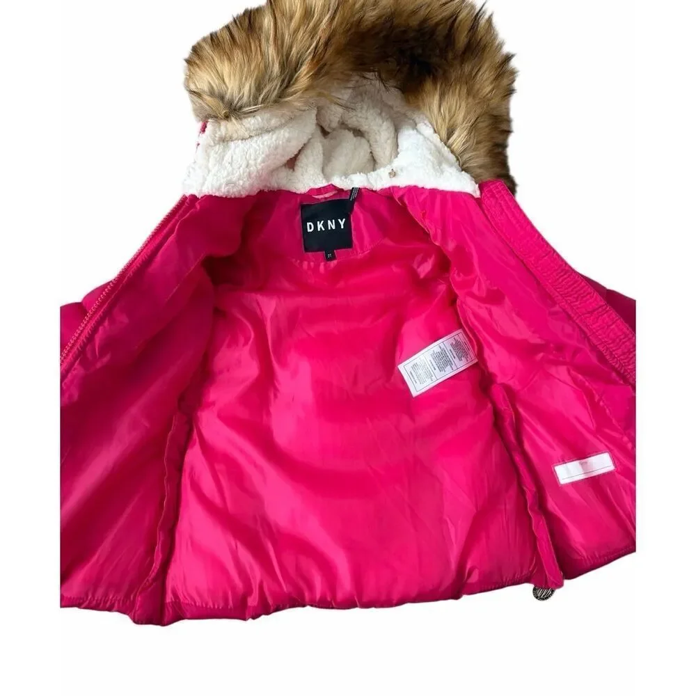 DKNY Puffer Coat NEW Toddler Girls Quilted Hooded Fuchsia Pink size 2T